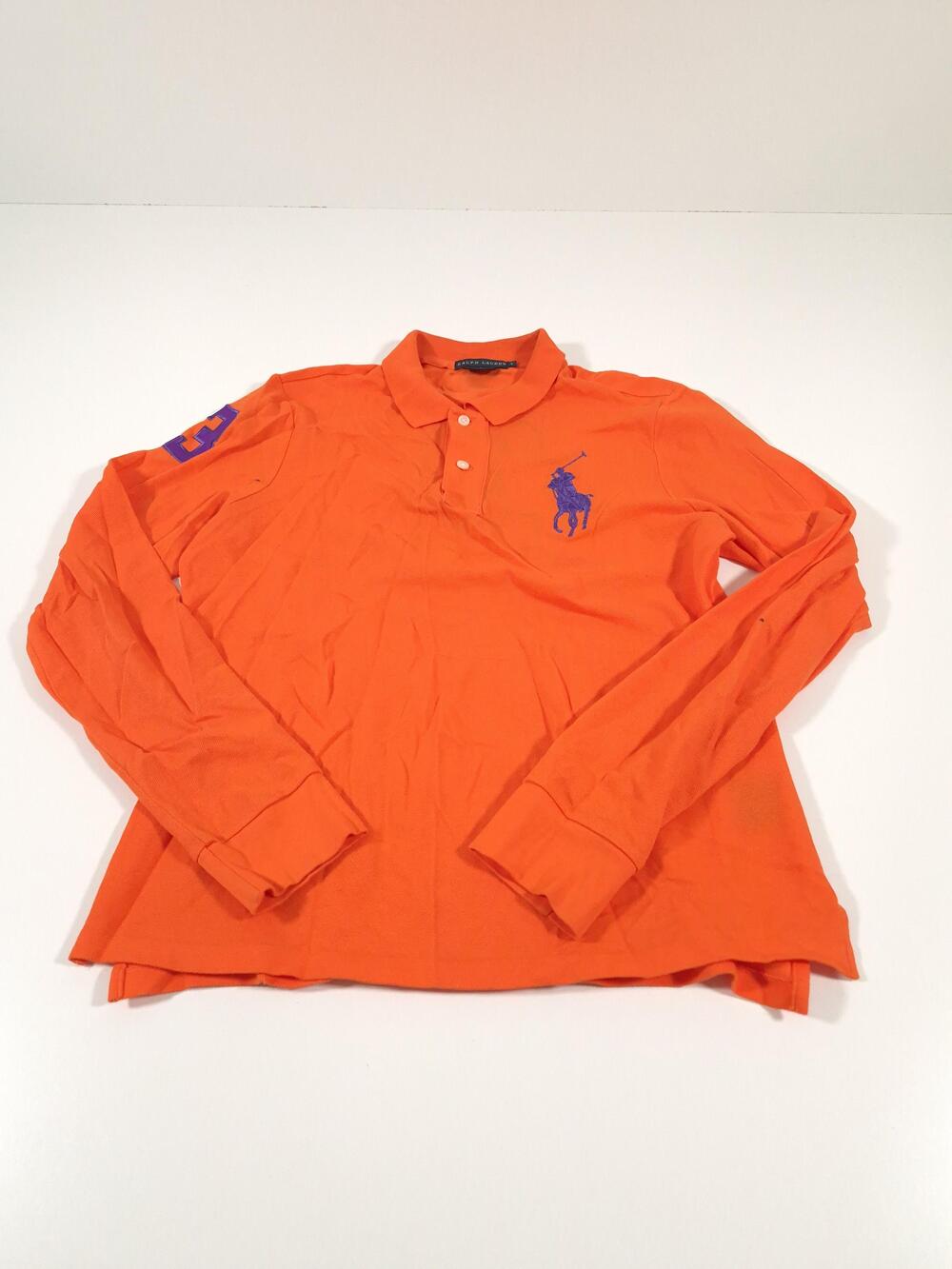 Polo Ralph Lauren Polo Shirt Womens L Orange Long Sleeve Big Pony 3 Logo Knit